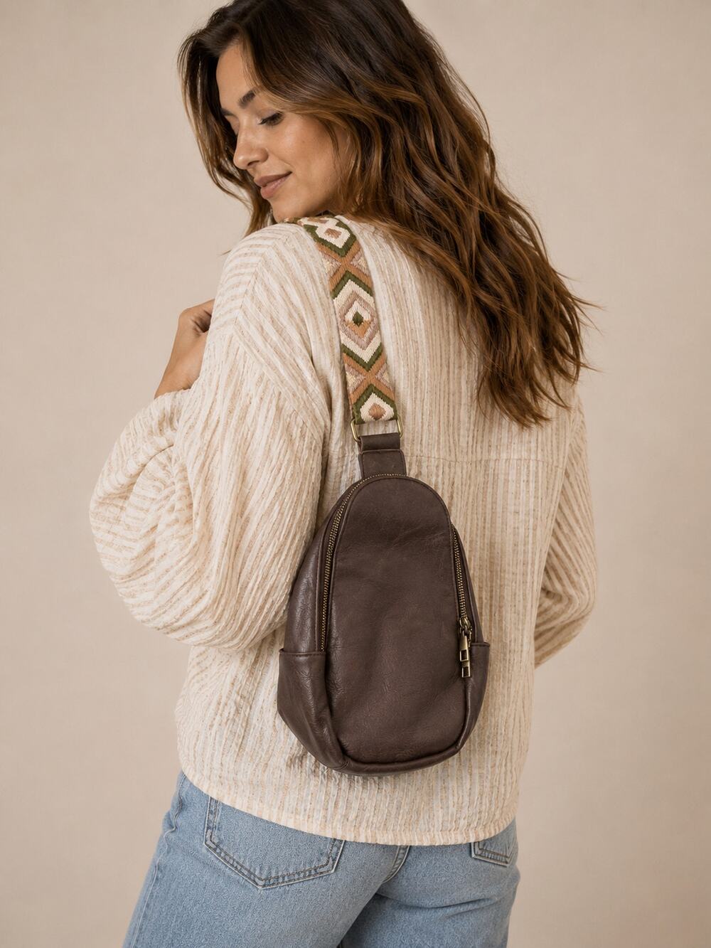 Boho Crossbody Sling Bag Brown Faux Leather Festival Everyday Purse